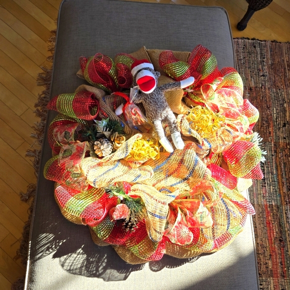 Handcrafted Burlap & Mesh Sock Monkey 24" Christmas Wreath - Picture 12 of 13